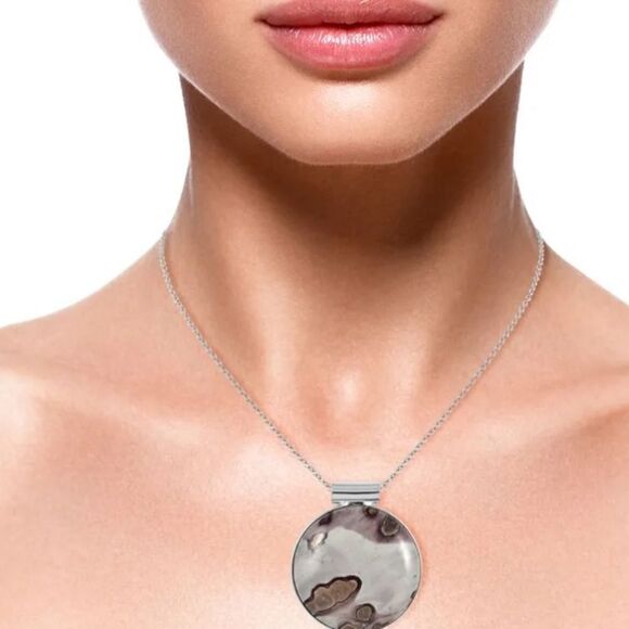 NIB Red Picture Jasper Stone Round Oval Pendant Necklace, Silver - Picture 6 of 6